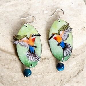 White throated bee eater birds handpainted earrings OOAK